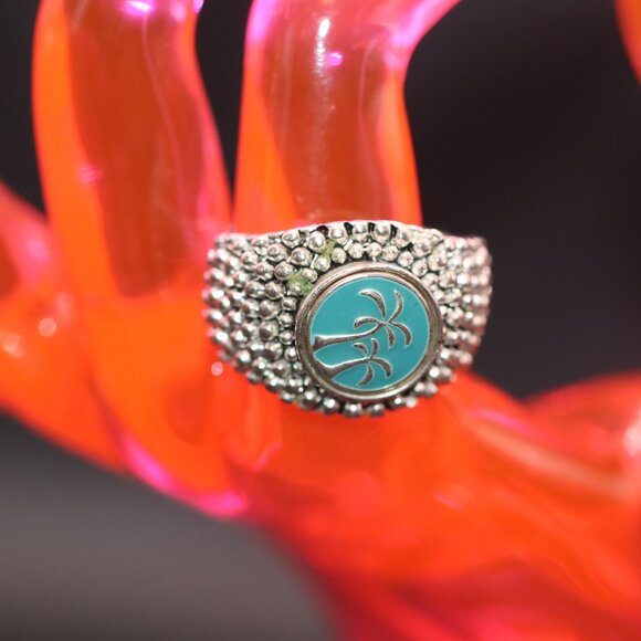 Men's Size 9 Enamel Turquoise with Silver Toned Palm Trees - Picture 1 of 6